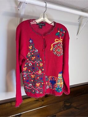 Vintage Work in Progress Red Embroidered Holiday Cardigan Sweater- M